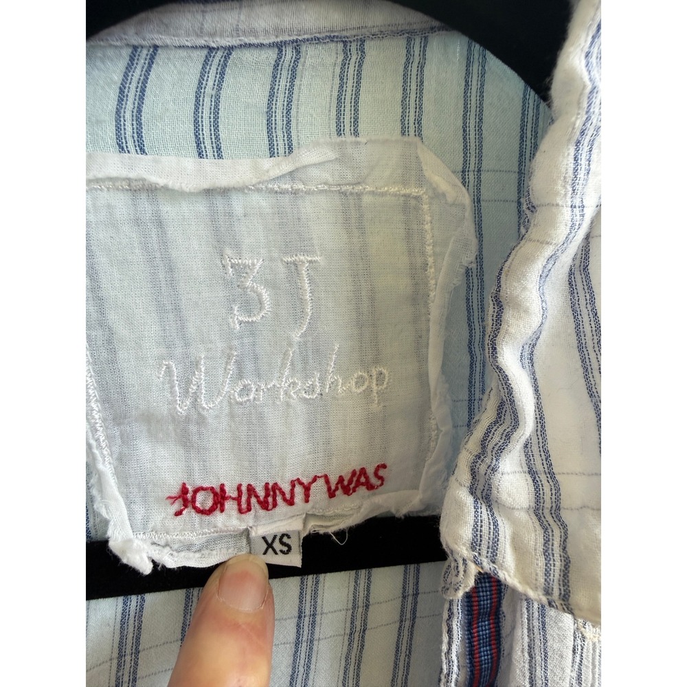 Johnny Was 3J Workshop Blue Striped Floral Embroidered Shirt XS Boho Whimsical - Picture 3 of 10